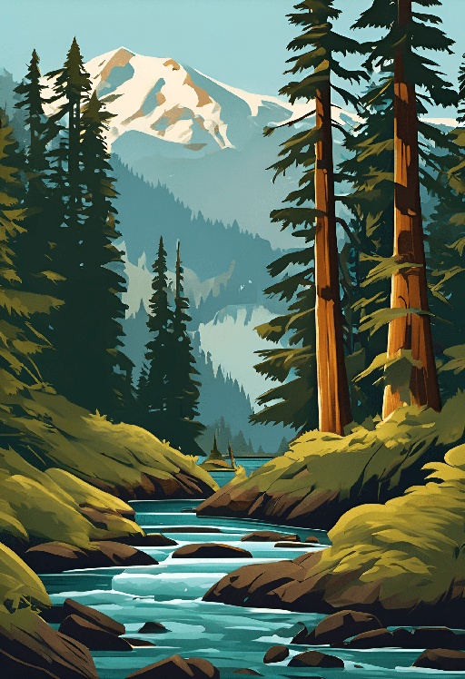 a painting of a mountain stream in the woods