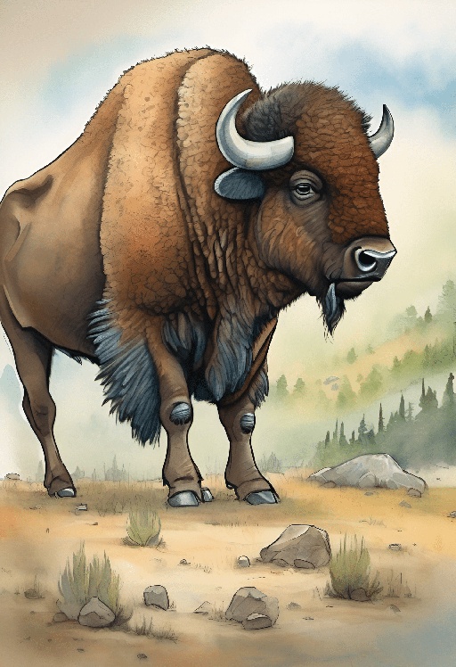 painting of a bison standing in a field with a mountain in the background