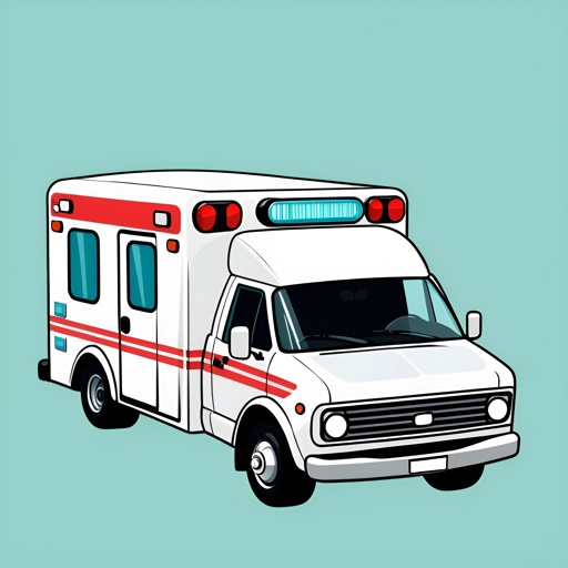 illustration of a white ambulance with red stripes and lights on
