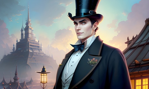a man in a top hat and a suit standing in front of a castle