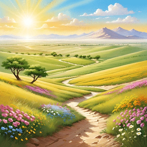 painting of a sunny landscape with a path leading to a mountain