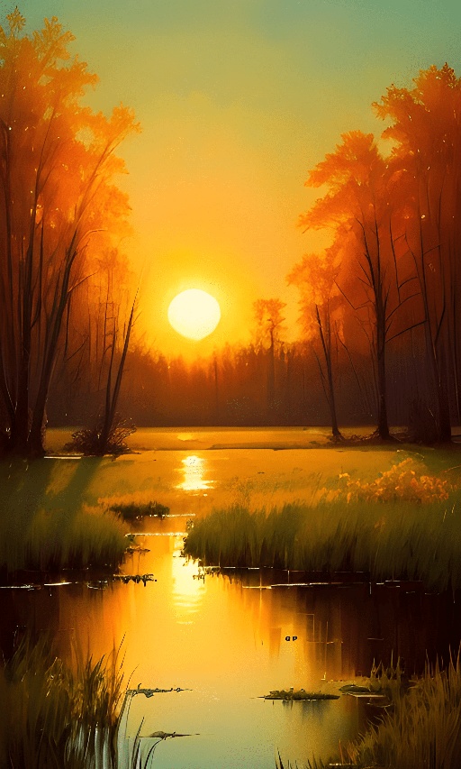 painting of a sunset over a lake with trees and grass