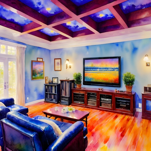 painting of a living room with a painting of a sunset on the ceiling