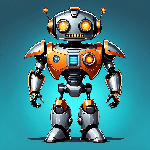 cartoon robot with glowing eyes and a blue background