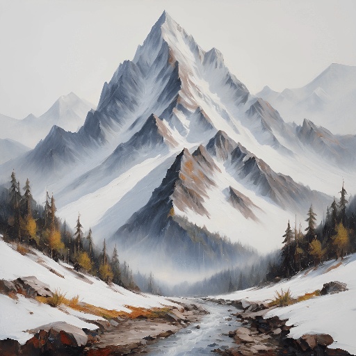 painting of a mountain scene with a stream running through it