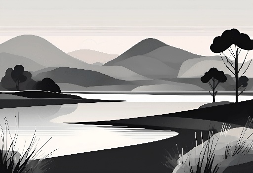 a black and white illustration of a lake and mountains
