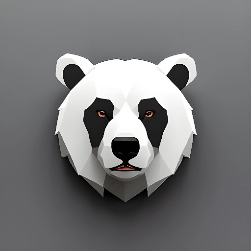 head of a panda bear with orange eyes on a gray background
