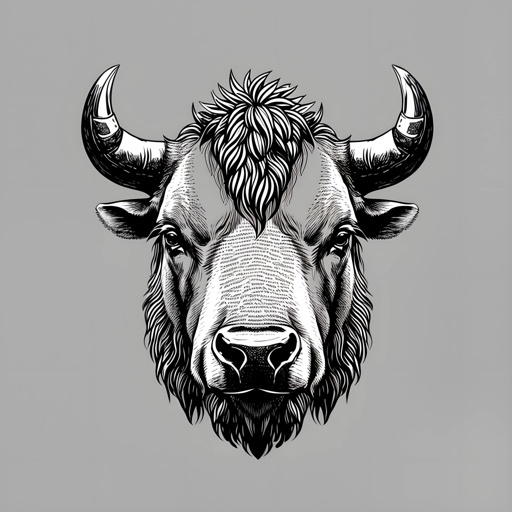 a black and white drawing of a buffalo head