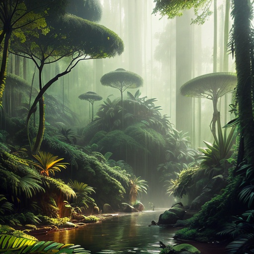 a stream running through a lush green forest filled with trees