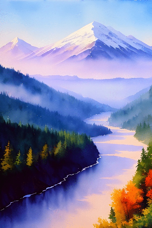 painting of a mountain with a river and a forest in the foreground
