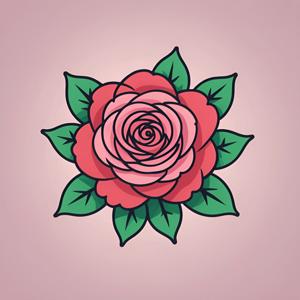 a close up of a rose with green leaves on a pink background