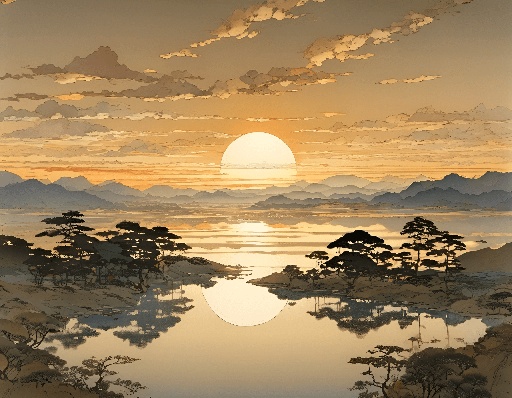 a painting of a sunset over a lake with trees