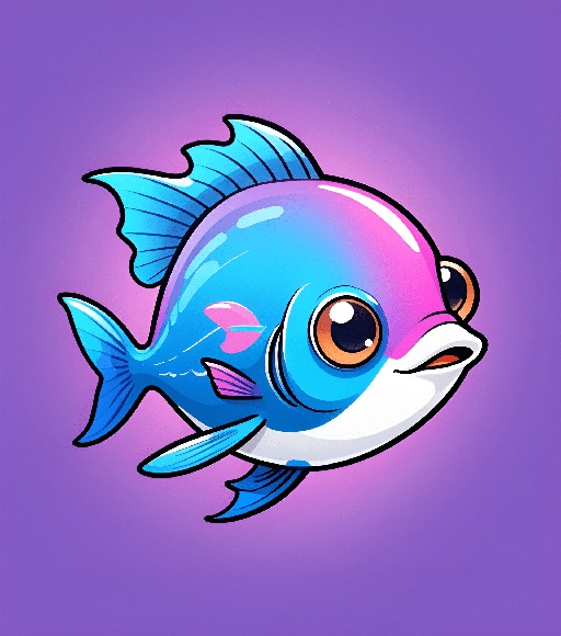 cartoon fish with a pink and blue face and a white belly