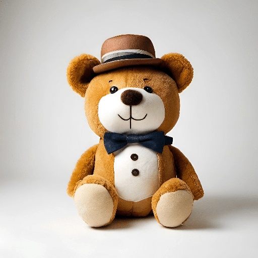 a brown teddy bear with a hat and bow tie