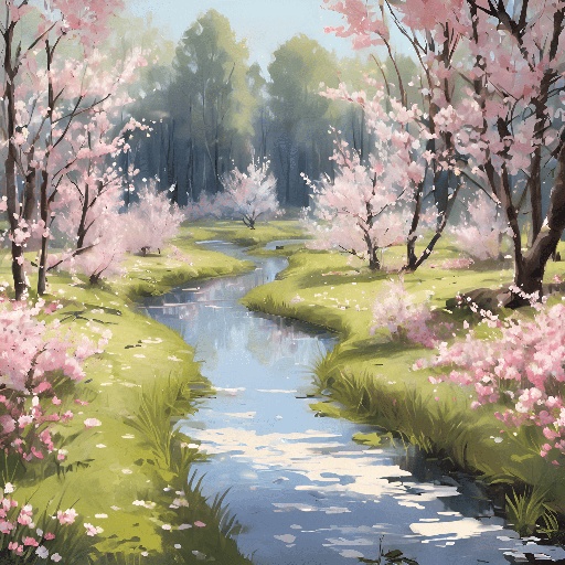 painting of a river running through a lush green forest filled with pink flowers