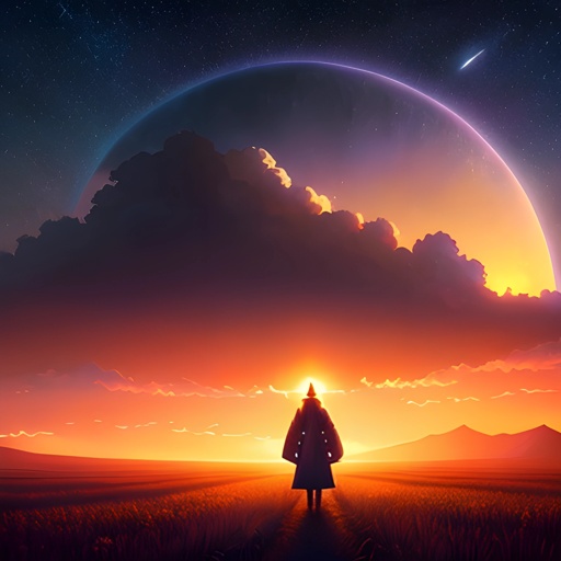 anime, a man standing in a field looking at a planet