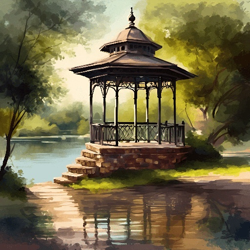 painting of a gazebo in a park with a pond and trees