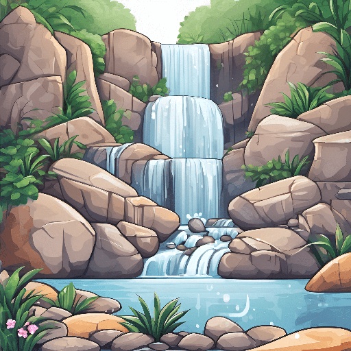 cartoon waterfall in the jungle with rocks and flowers