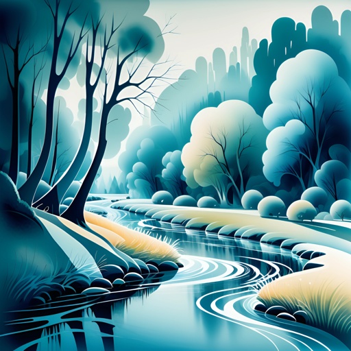 a painting of a river running through a forest