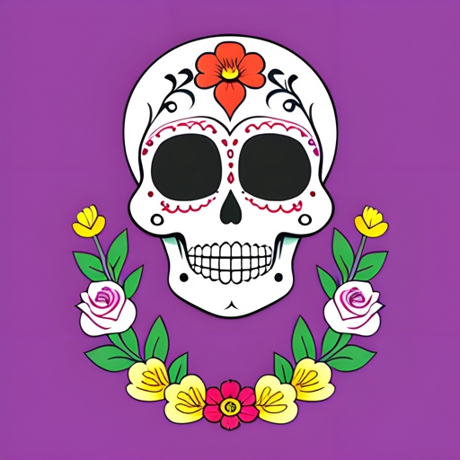 a close up of a skull with flowers on a purple background