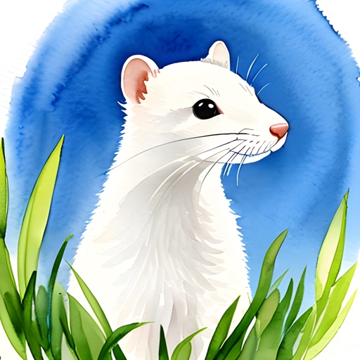 painting of a white ferret in a blue circle with grass