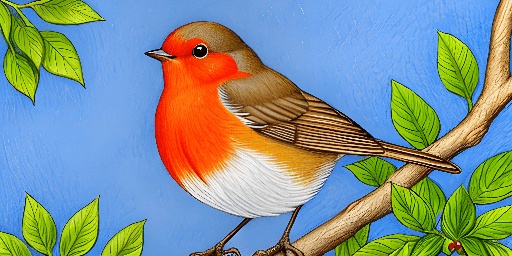 painting of a bird sitting on a branch with leaves and berries