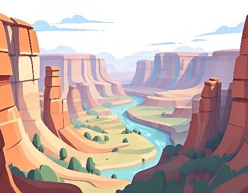 cartoon illustration of a canyon with a river running through it