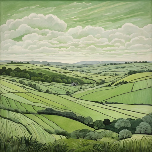 painting of a green landscape with a farm and fields