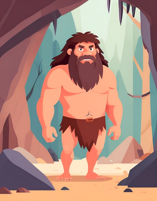 a cartoon cave with a caveman standing in it