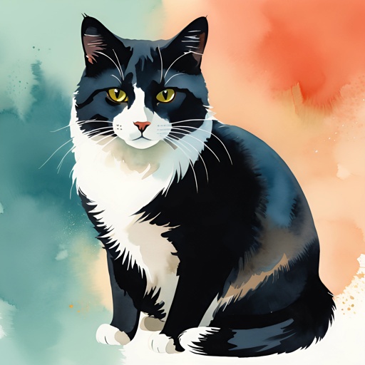 a black and white cat sitting on a colorful background