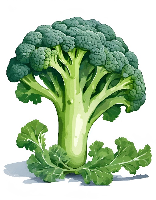 a green broccoli plant with leaves on a white background