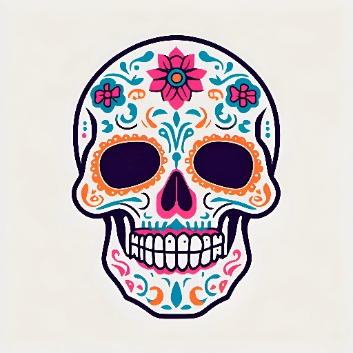 brightly colored sugar skull with flowers and swirls on white background