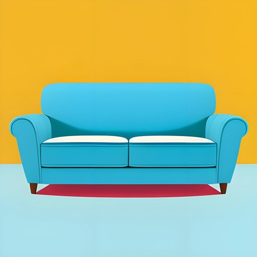 a blue couch with a yellow wall behind it
