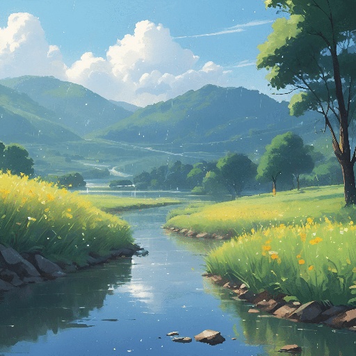 painting of a river running through a lush green valley with trees