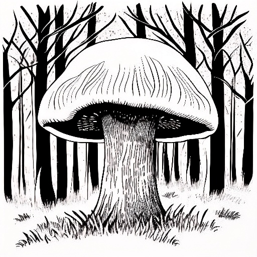 a black and white drawing of a mushroom in a forest