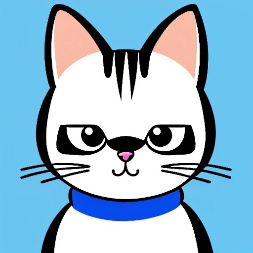 cartoon cat with blue collar and black eyes on blue background