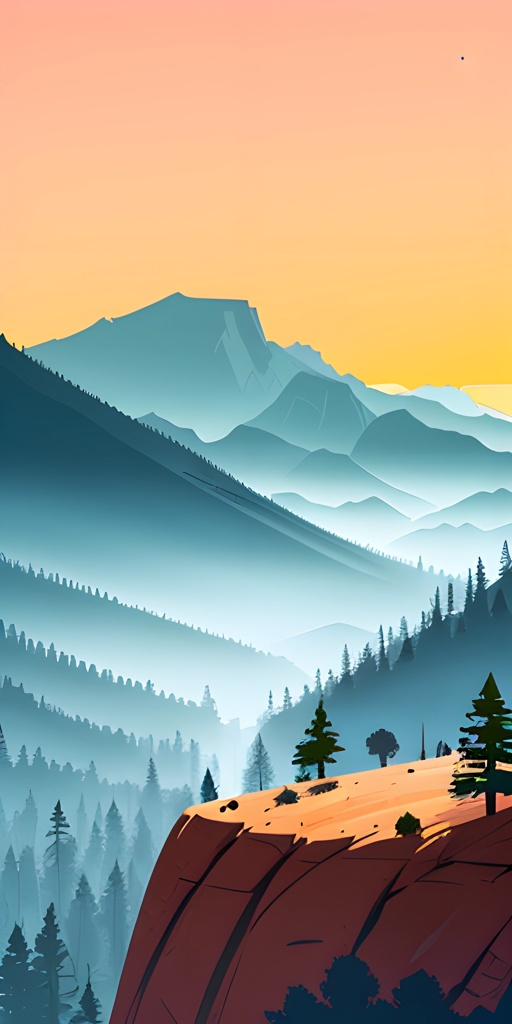 mountains with pine trees and a bird flying over them
