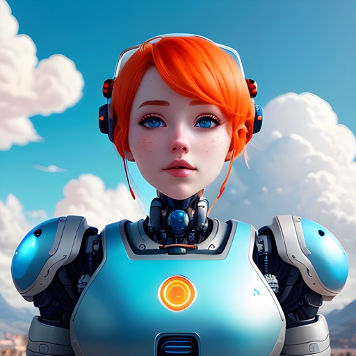 a woman with red hair and headphones on a blue robot