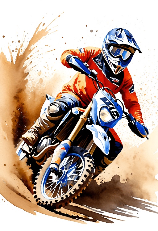 dirt bike rider in a red jacket and blue helmet riding a dirt bike