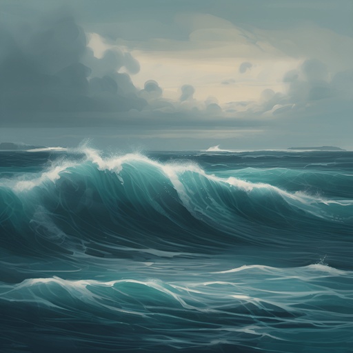 painting of a large wave in the ocean with a boat in the distance