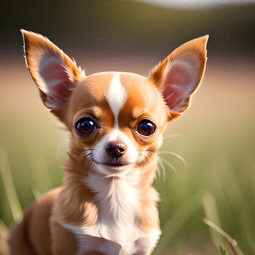 chihuahua puppy sitting in the grass looking at the camera