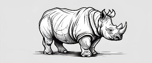 a black and white rhino standing on a white surface