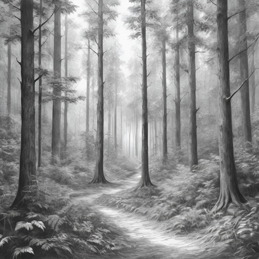 a drawing of a path in a forest with trees and ferns