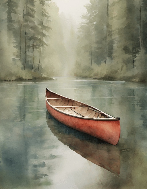 painting of a red canoe on a lake with trees in the background