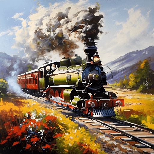 painting of a train traveling down the tracks with a mountain in the background
