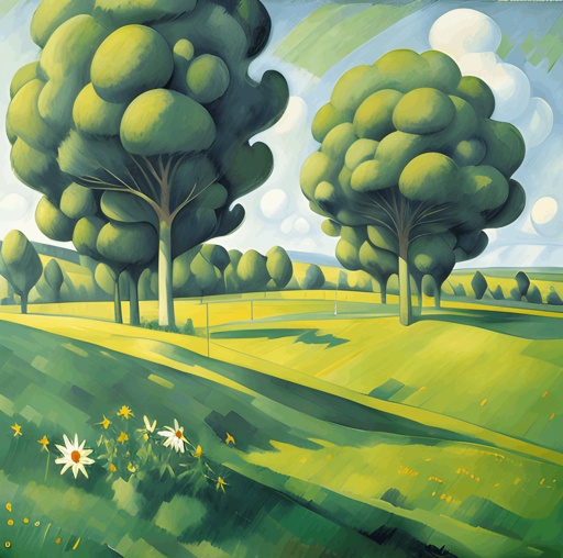 painting of a green field with trees and flowers in the foreground