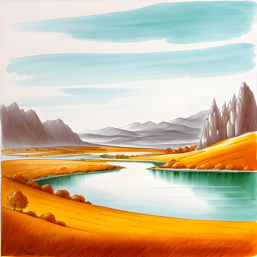 painting of a landscape with a river and mountains in the distance