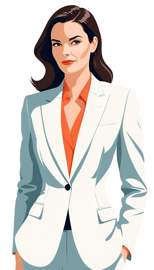 a woman in a white suit and orange shirt
