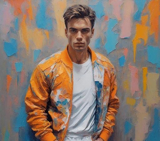 painting of a man in a jacket and white shirt standing in front of a colorful wall