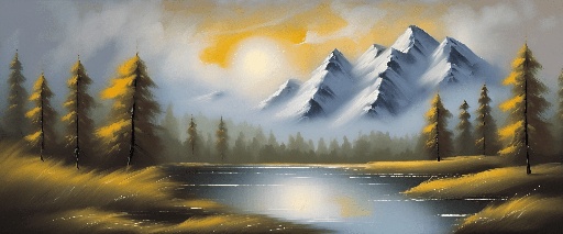 painting of a mountain scene with a lake and trees